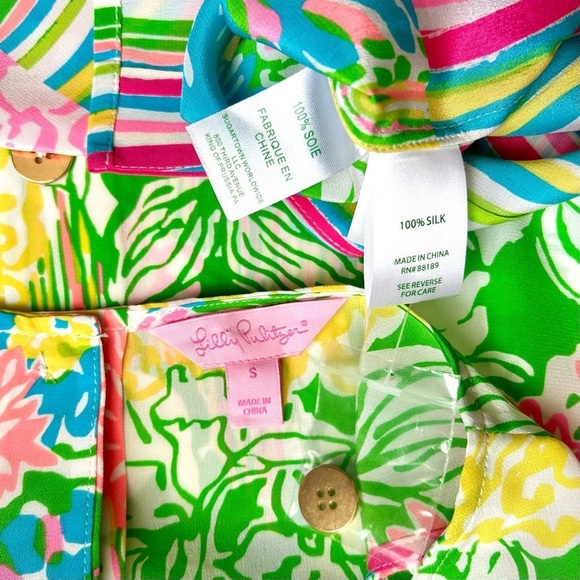 Lilly Pulitzer Iona Button Back Silk Tank Top Pink Green Hibiscus Stroll Floral - Picture 8 of 10